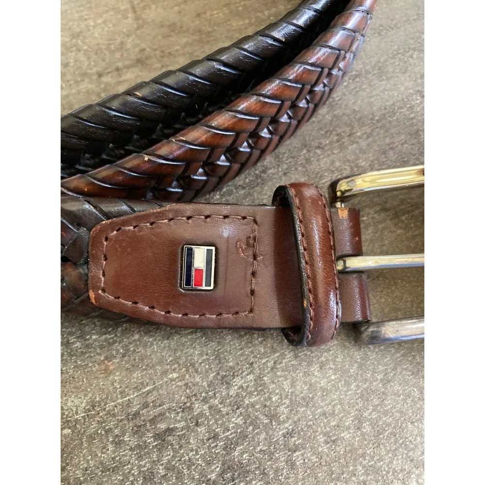 Tommy Hilfiger Mens Brown Braided Leather Belt Size 40 Woven Silver Buckle Logo